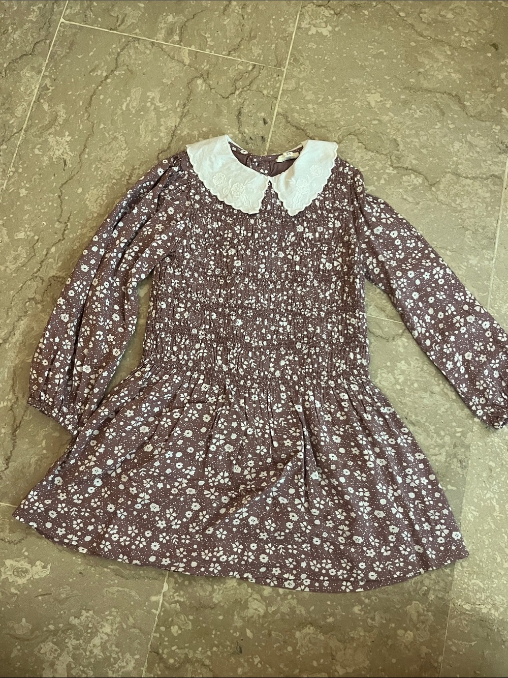 Gocco Spanish Girls' Plum Floral Long-Sleeve Dress with White Peter Pan Collar